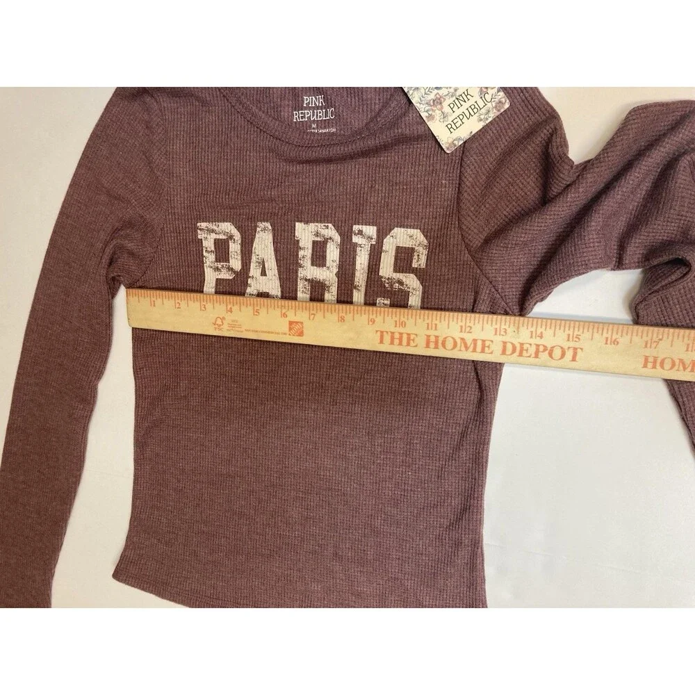Pink Republic Women's Maroon Paris Graphic Scoop Neck Long Sleeve Knit Top M
